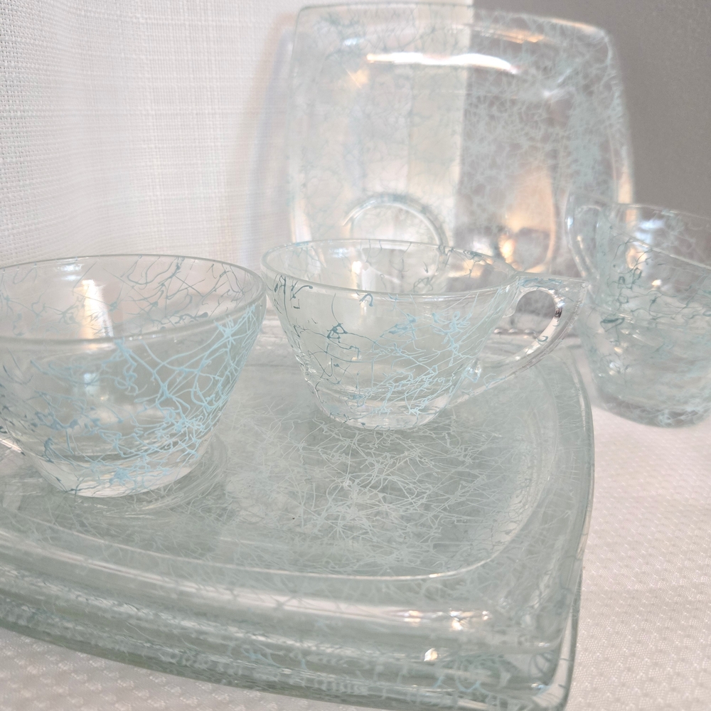 Vtg Hazel Atlas String Drizzle Coffee Lunch Set Glass Cups Dishes MCM Retro